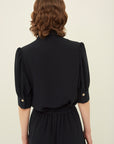 BACK SATIN HALF SLEEVE BIJOU BUTTON BLOUSE