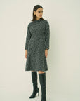 MONOTONE CHECK TWEED STAND COLLAR FLARED DRESS