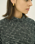 MONOTONE CHECK TWEED STAND COLLAR FLARED DRESS