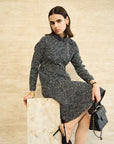 MONOTONE CHECK TWEED STAND COLLAR FLARED DRESS