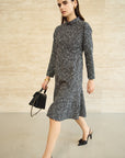 MONOTONE CHECK TWEED STAND COLLAR FLARED DRESS