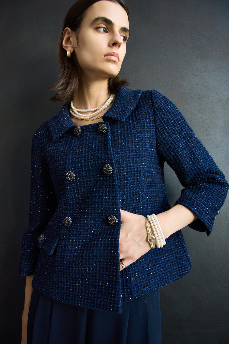 WAFFLE GLITTER TWEED DOUBLE BUTTON JACKET