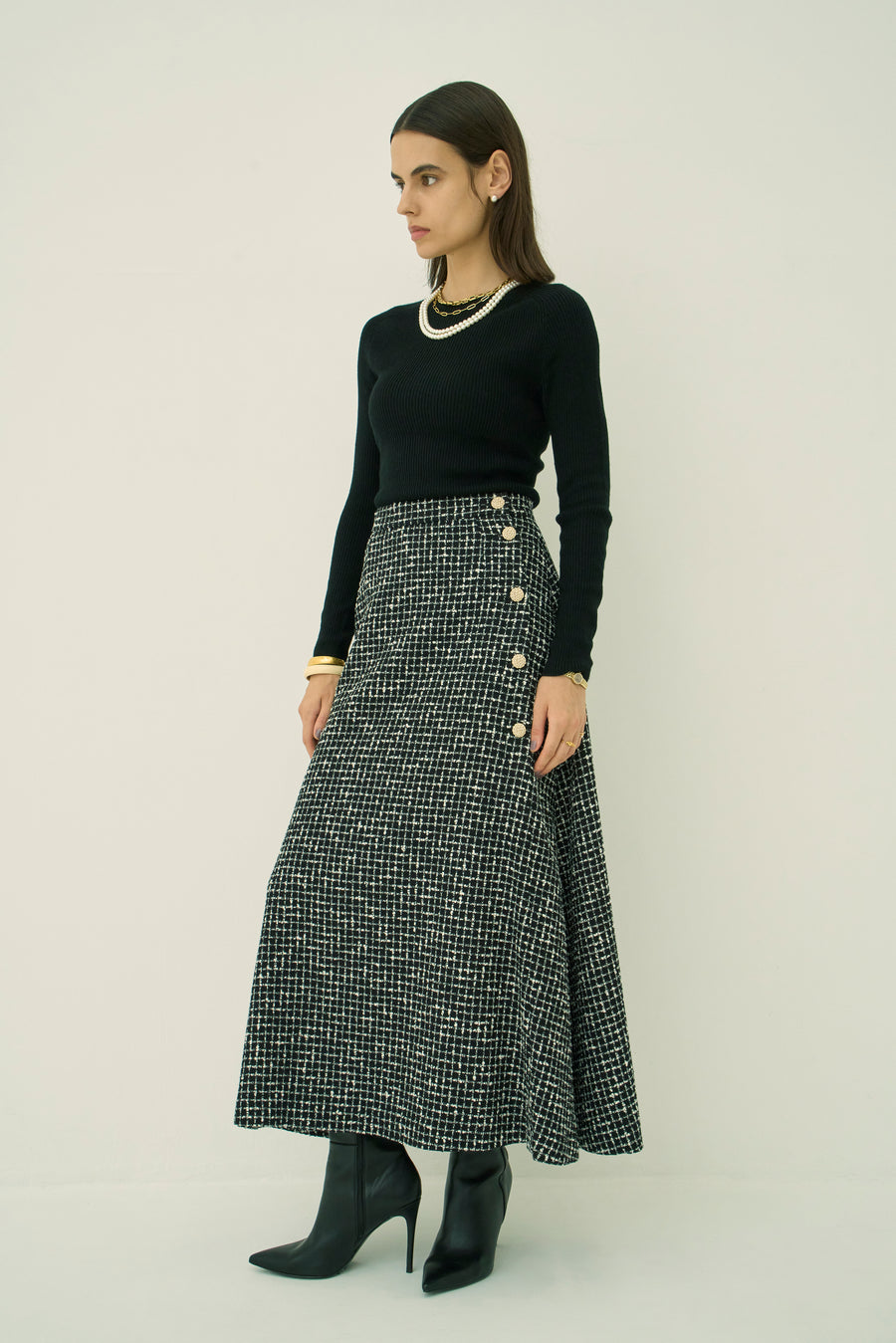 MONOTONE CHECK TWEED LONG SKIRT