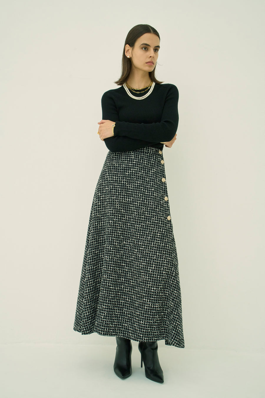 MONOTONE CHECK TWEED LONG SKIRT