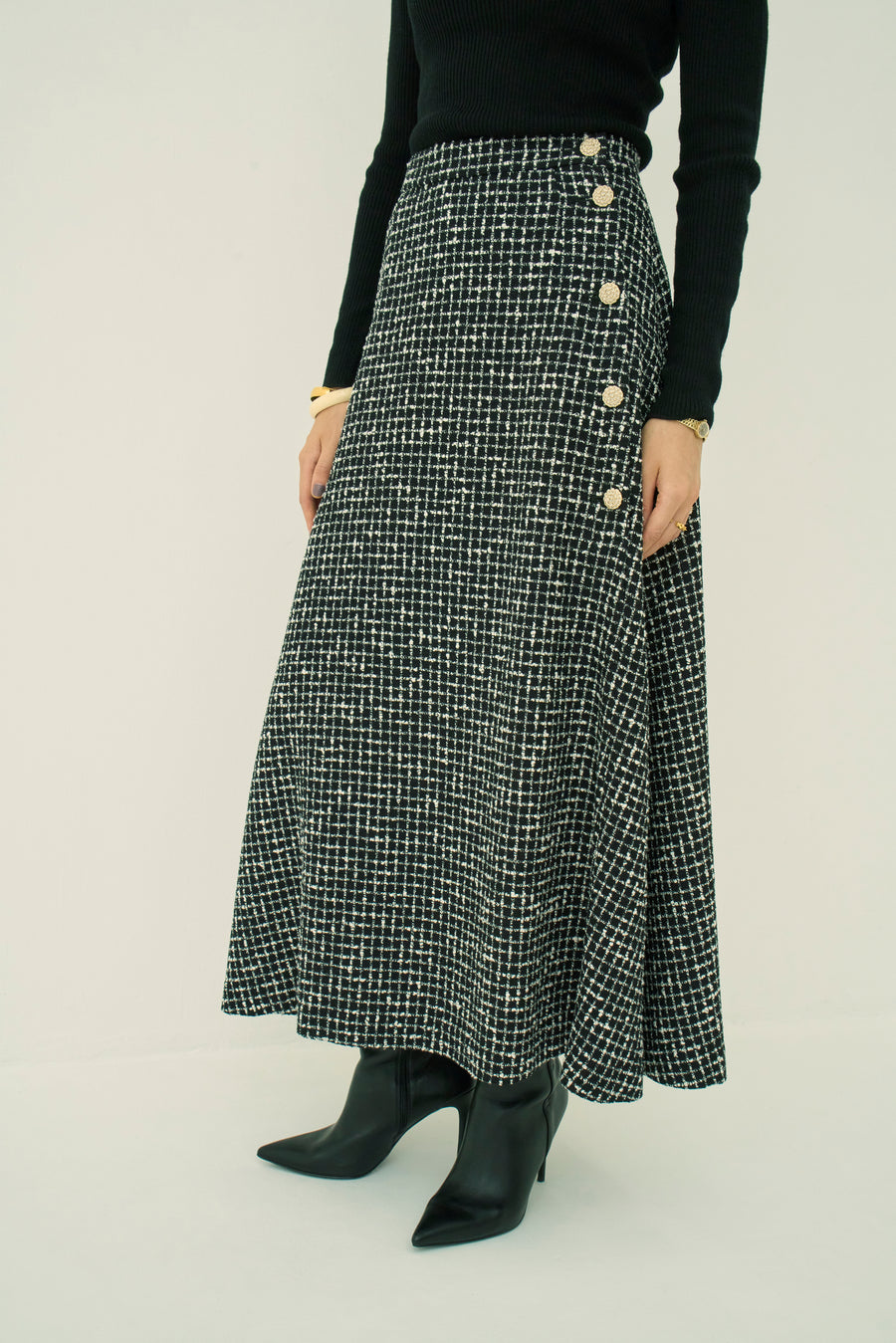 MONOTONE CHECK TWEED LONG SKIRT