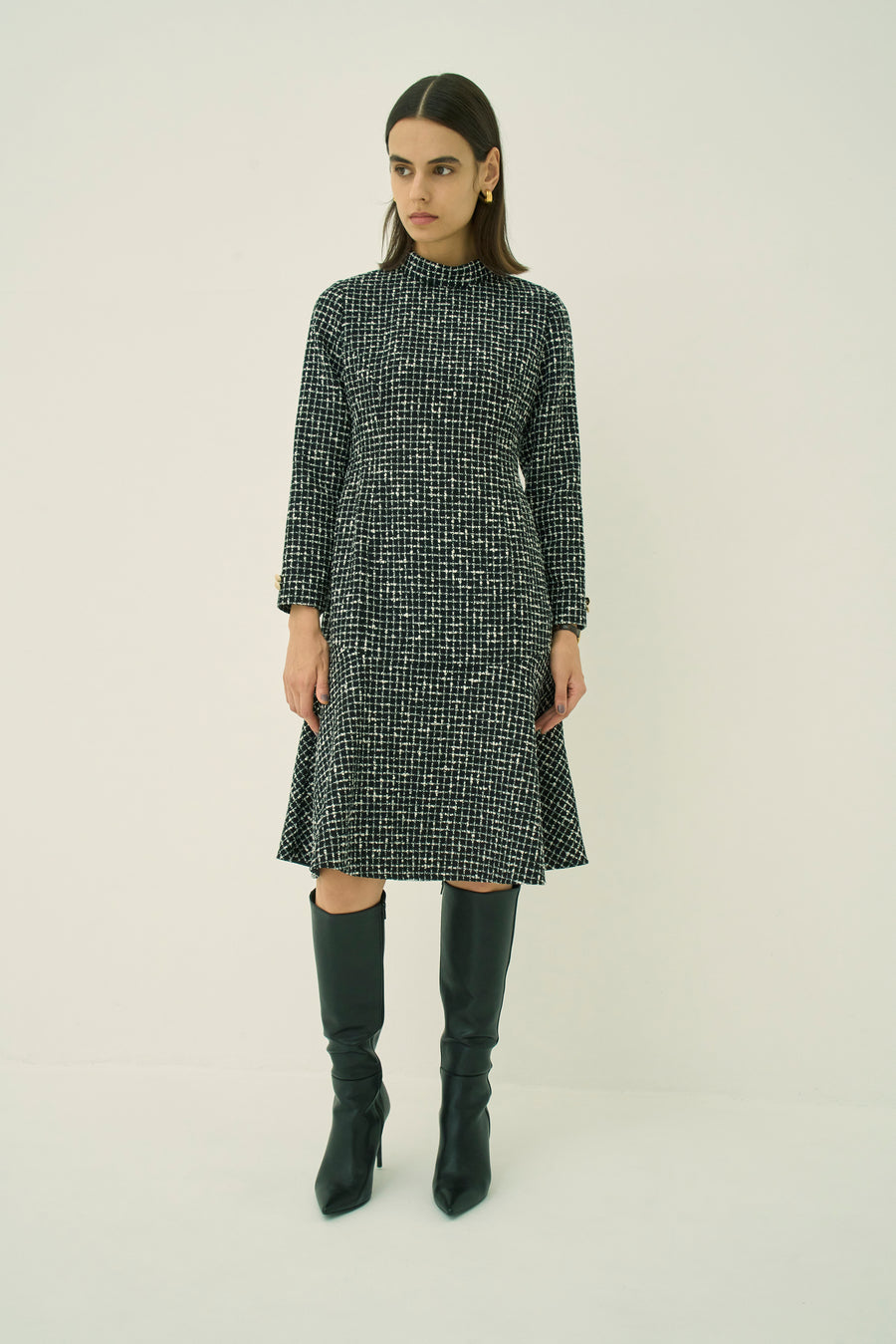 MONOTONE CHECK TWEED STAND COLLAR FLARED DRESS