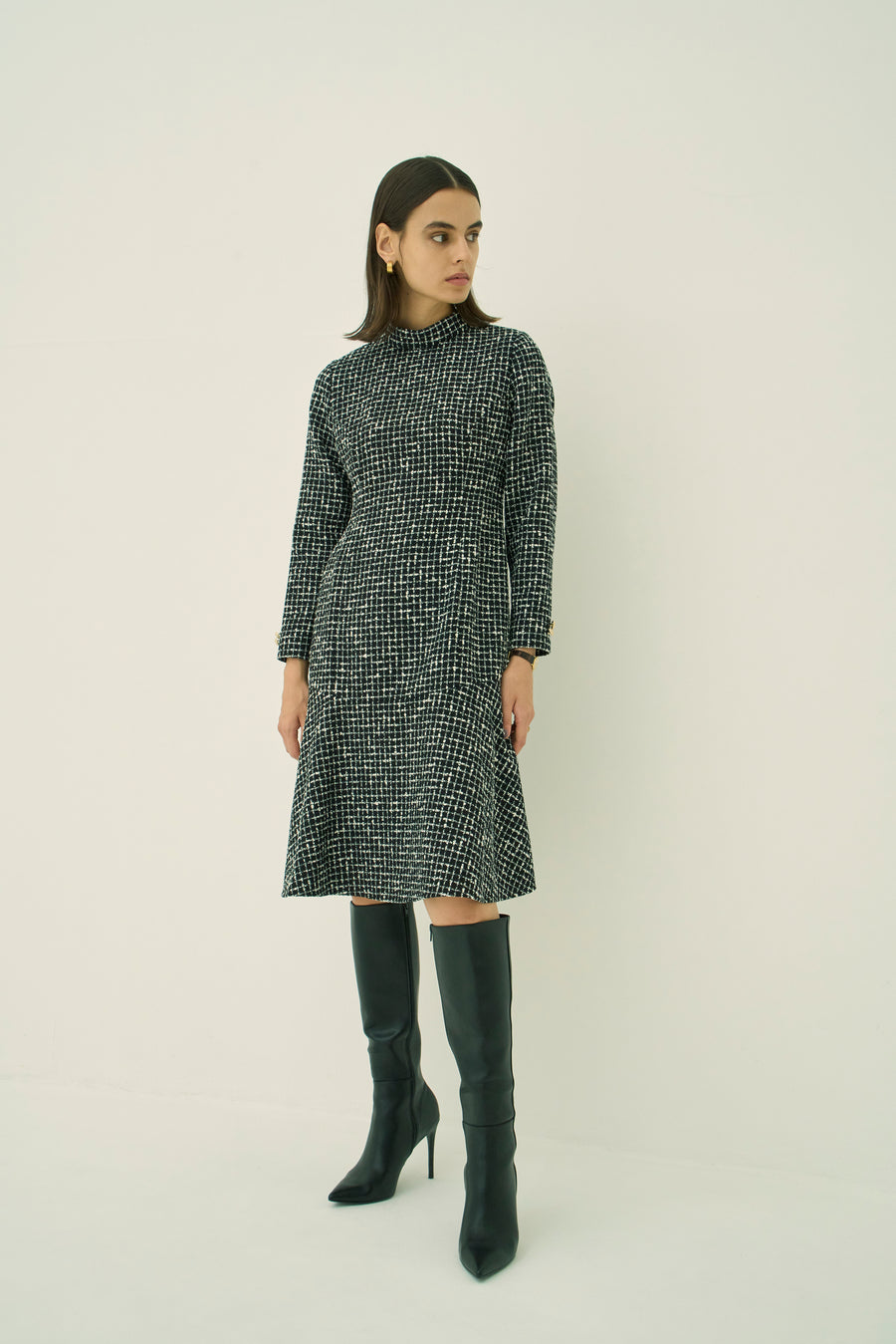 MONOTONE CHECK TWEED STAND COLLAR FLARED DRESS