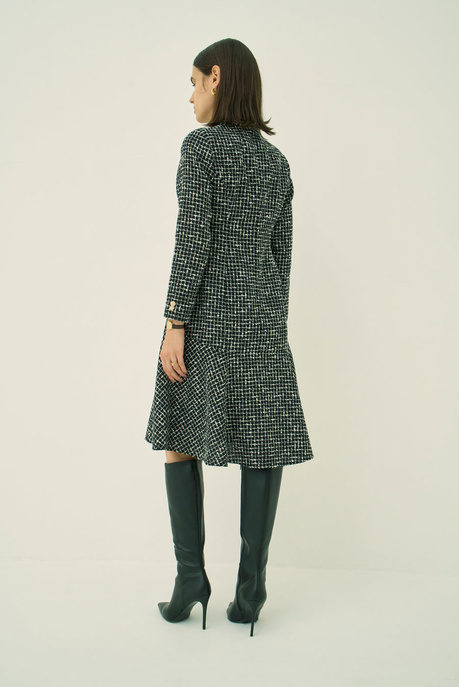 MONOTONE CHECK TWEED STAND COLLAR FLARED DRESS