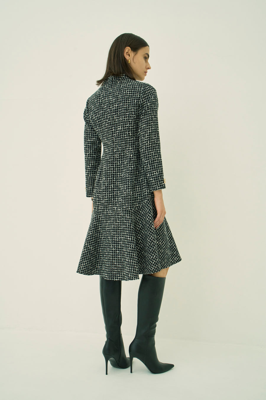 MONOTONE CHECK TWEED STAND COLLAR FLARED DRESS