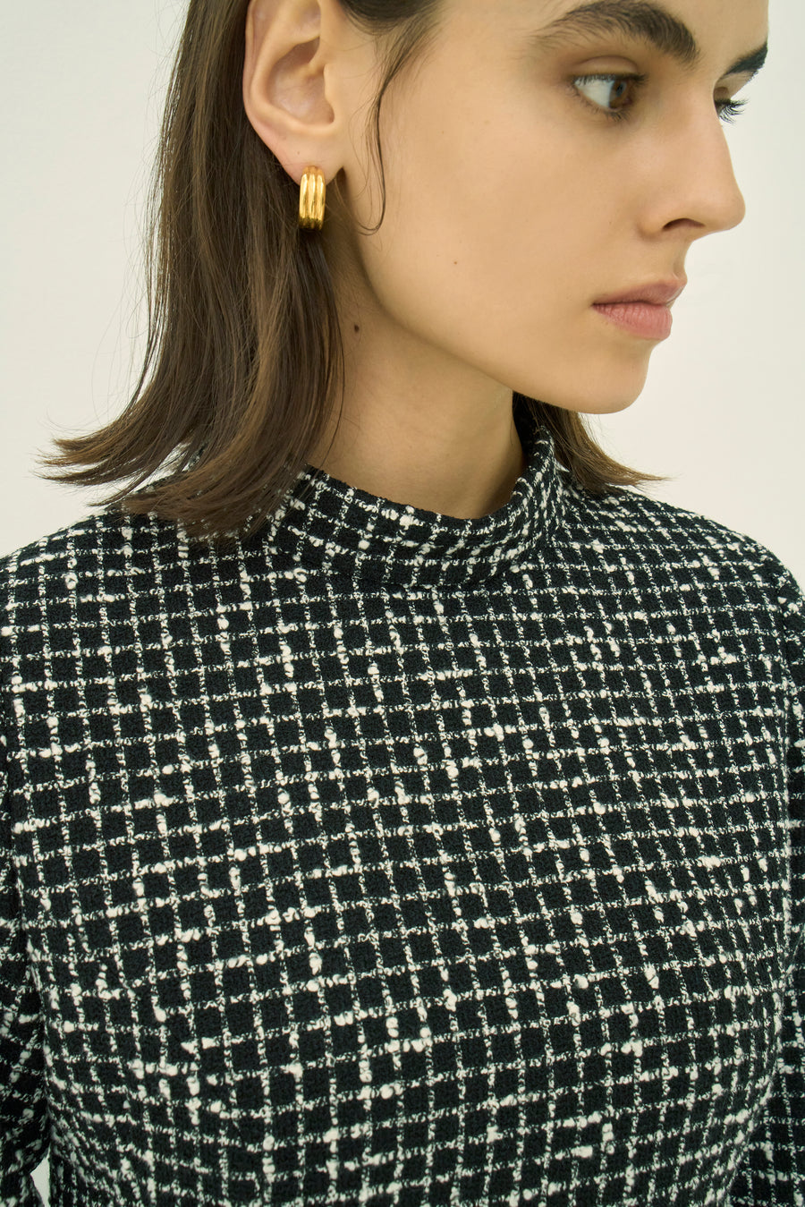 MONOTONE CHECK TWEED STAND COLLAR FLARED DRESS