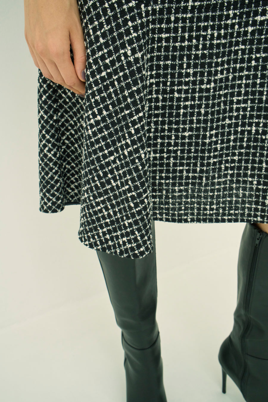 MONOTONE CHECK TWEED STAND COLLAR FLARED DRESS
