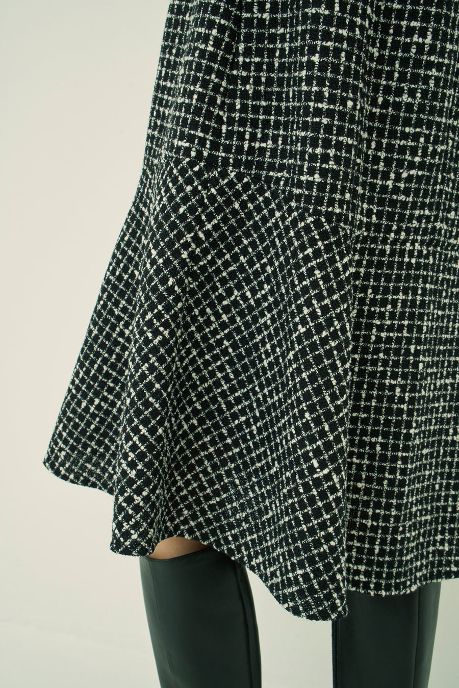 MONOTONE CHECK TWEED STAND COLLAR FLARED DRESS