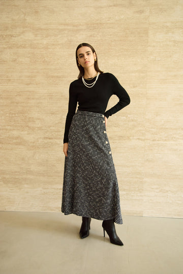 MONOTONE CHECK TWEED LONG SKIRT