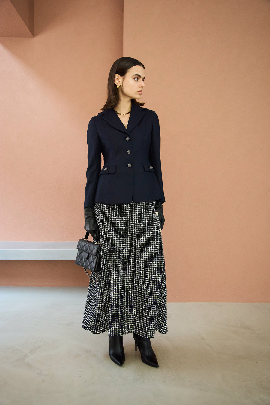 MONOTONE CHECK TWEED LONG SKIRT
